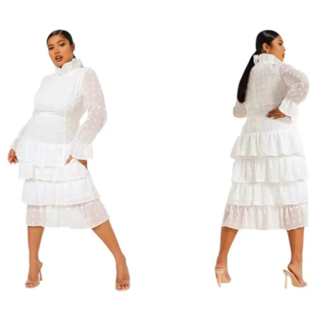NWT BOOHOO Plus White Swiss  Polka Dot Ruffle Tiered Midi Dress Size 20